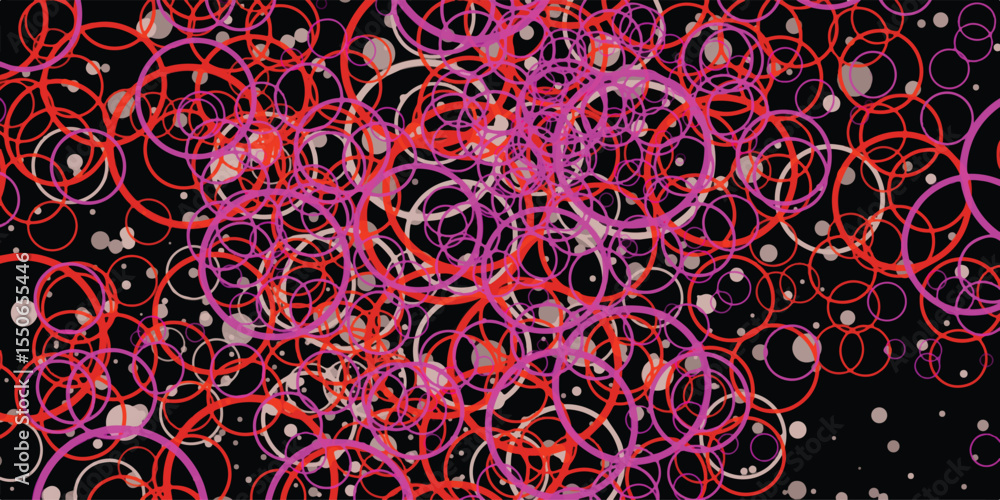 Poster abstract composition of overlapping rings and circles in vibrant colors on black background