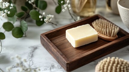 Wooden Tray with Natural Soap and Brush