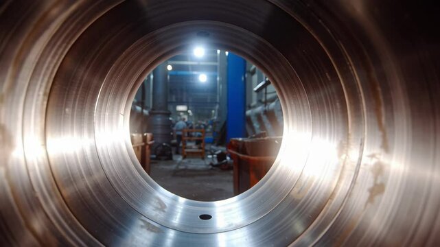 Light shines through the center of a large diameter marine bearing, revealing the manufacturing facility in the background, highlighting precision engineering and industrial processes