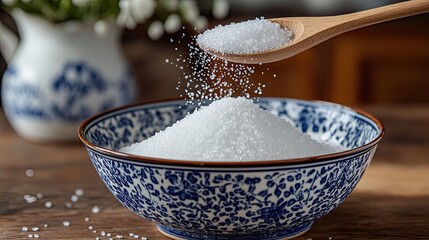 Wooden Spoon Sprinkling Sugar Over Dark Sweet Dish with Blue and White Floral Accents
