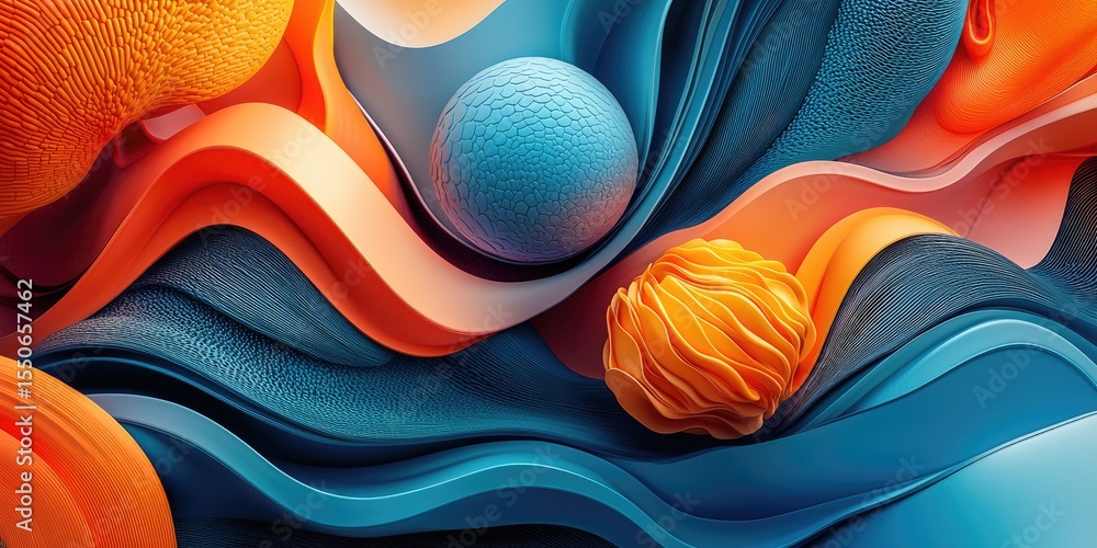 Poster An abstract visual with 3D geometric patterns that rise and recede from the surface, combining bold colors and intricate textures to create a visually captivating and imm