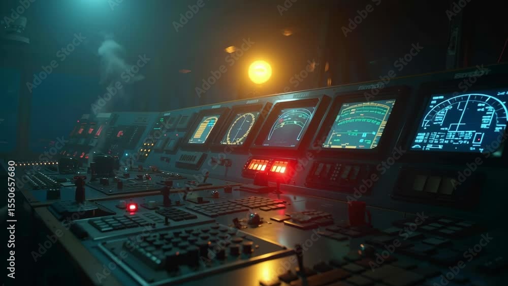 Poster multiple screens and control panels are illuminating a ship control room at night, creating a myster