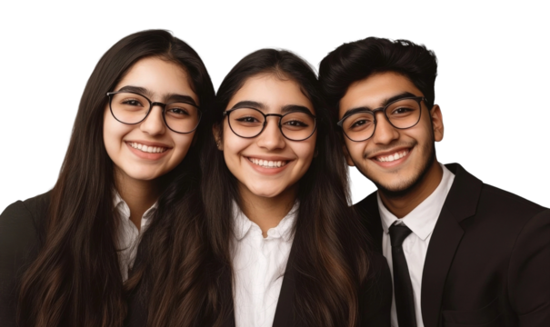 Young diverse group of smiling individuals wearing formal attire with glasses showcasing friendship and professionalism in a modern studio setting