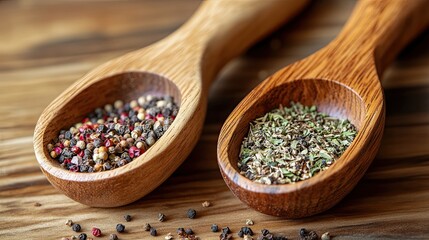 Wooden Scoops Filled with Assorted Herbs and Spices 