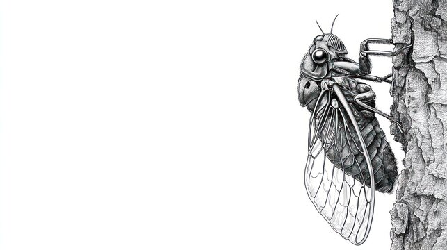 Detailed pencil sketch of a cicada on a tree trunk