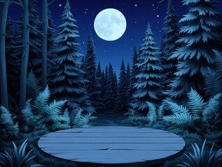 Night forest scene with wooden platform