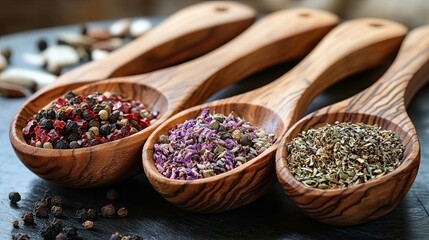 Wooden Scoops Filled with Assorted Herbs and Spices 