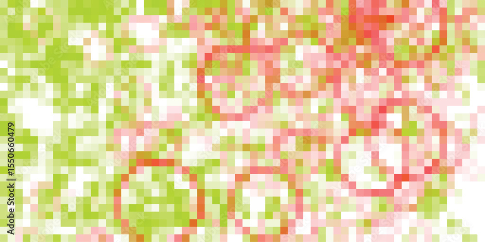 Poster pixelated abstract composition of green and pink hues with an unidentifiable shape displaying a retr