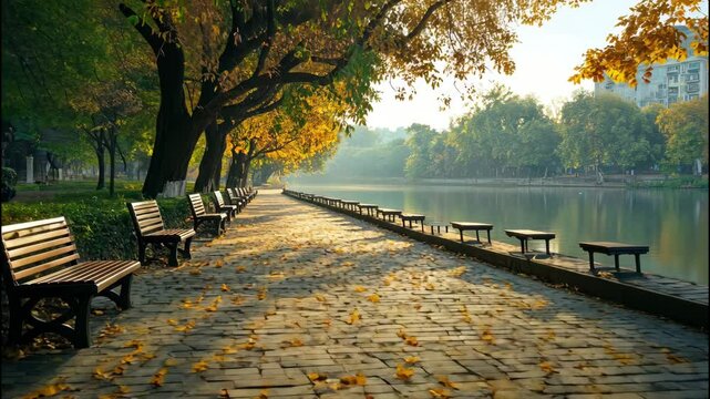 Golden autumn park with empty benches and colorful leaves scattered on ground. 