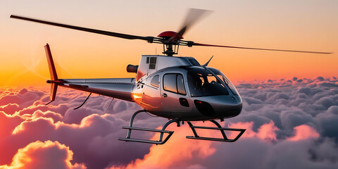 Sleek Helicopter Flying Above Sunset Clouds in Vibrant Warm Skies


