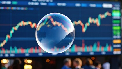 Soap bubble in front of stock market screen representing fragility of financial markets, economic speculation, risk, and market trend forecasting