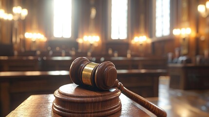Wooden Gavel on Sound Block in Blurred Courtroom Scene 
