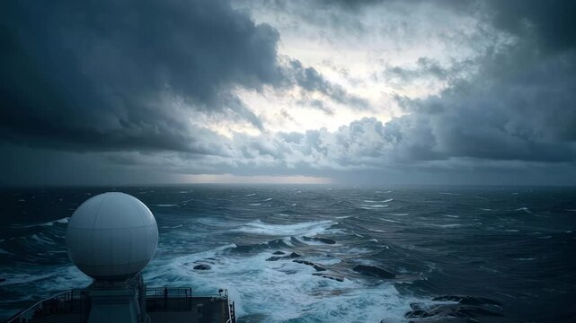 Radome positioned on the deck of a ship navigating through a stormy sea, surrounded by dark clouds and tumultuous waves under an ominous, overcast sky