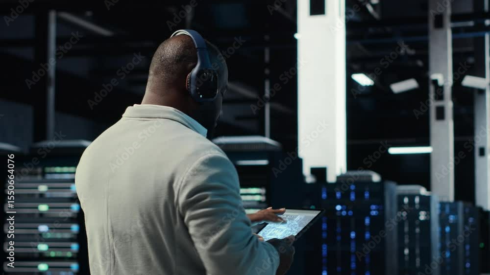 Poster admin walking in data center, listening music while doing inspection on infrastructure tech. it spec