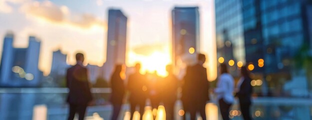 Business silhouettes against a modern city skyline at sunrise suggesting networking, economic growth, urban ambition and futuristic corporate vision