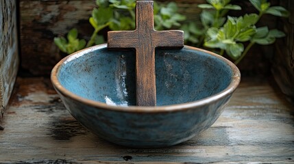Wooden Cross Set in Smoky Blue Ceramic Bowl 