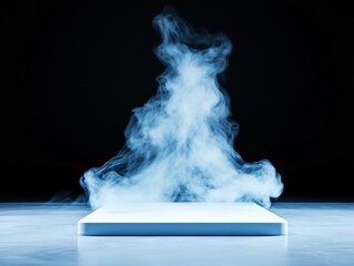 Abstract product display with rising blue smoke on a white podium