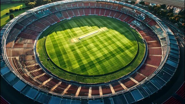 Stunning top view of cricket stadium with bright green field under sunlight. 