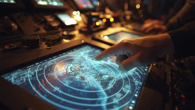 Hand of a captain pointing at a touchscreen display showing a navigational chart on the bridge of a ship, managing maritime operations with advanced technology
