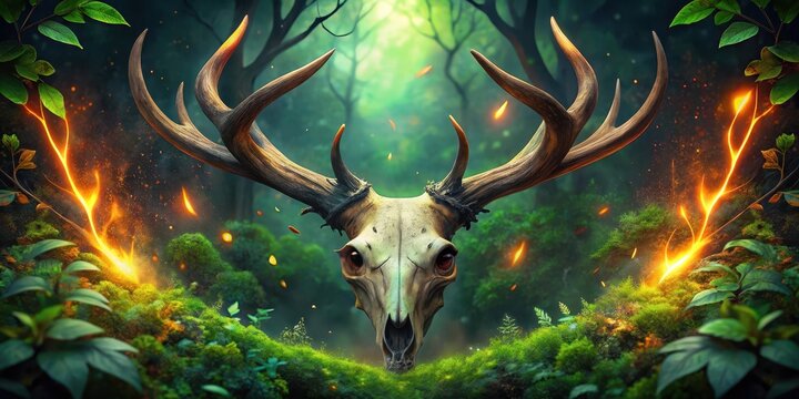 Mystical Forest Scene Featuring a Majestic Deer Skull Adorned with Antlers, Embers, and Lush Greenery - Powered by Adobe