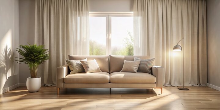 Serene living room interior design showcasing a beige sofa with cushions, complemented by sheer curtains and a floor lamp, creating a calm and inviting atmosphere bathed in sunlight.