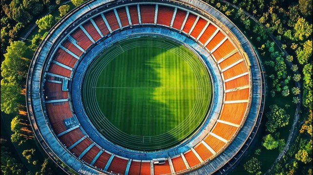 Top-down view of circular stadium with dramatic shadows across the green field. 