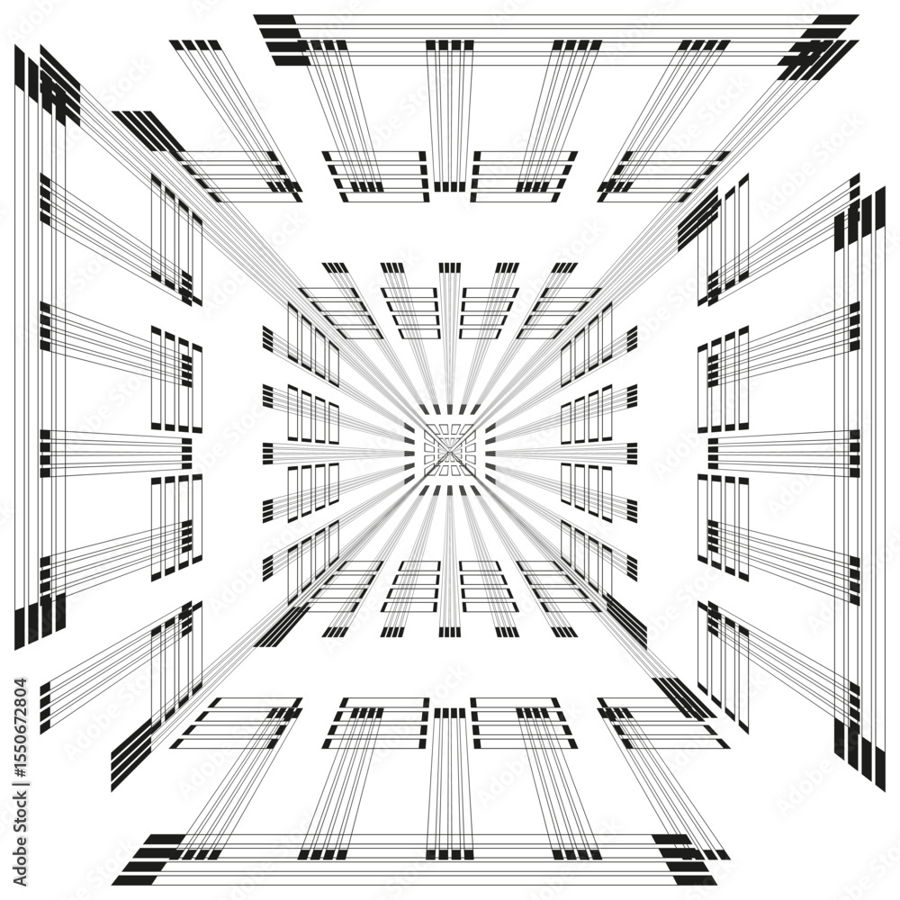 Poster perspective icon pattern. converging line symbol. geometric depth vector. black modern design.