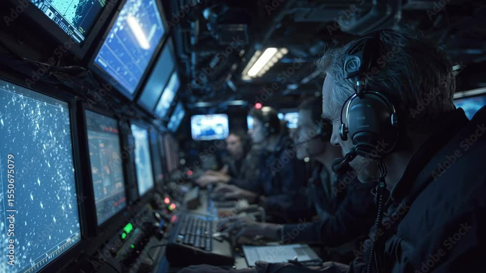 Aufkleber navy officers are working on computer screens and using headsets in a dark control room on a warship