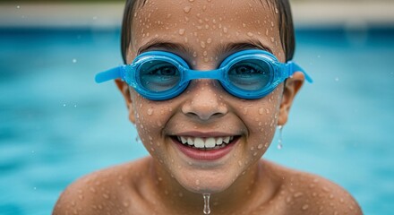 A smiling young boy with blue goggles emerges from the swimming pool, covered in glistening water droplets.