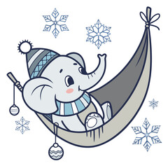 Vector illustration of a Shy Elephant with in a hammock, styled in a Cozy winter theme using Frosty Winter colors