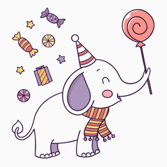 Charming SVG of a Content Elephant featuring with a scarf, styled in a Birthday theme with Candy Shop hues