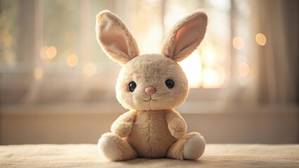 A cuddly plush bunny rabbit toy sits patiently by a sunlit window, exuding warmth and gentle companionship