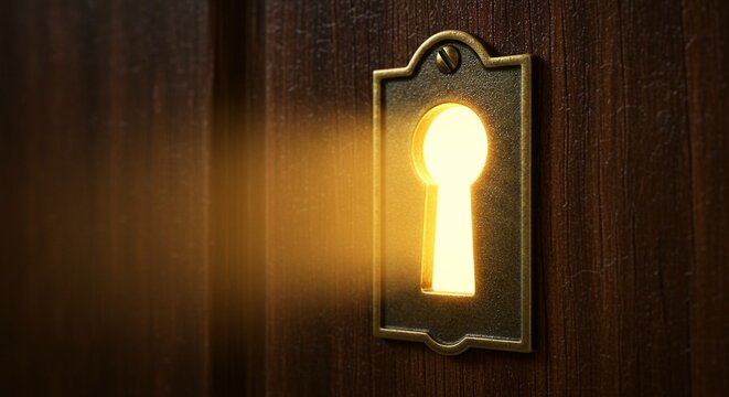 A wooden door features a keyhole, from which a beam of light is shining, hinting at mystery. - Powered by Adobe