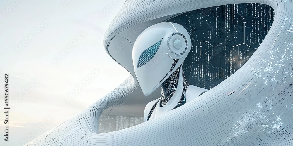 Poster a futuristic building with smart technology, featuring robotic systems, advanced ai, and sleek, high
