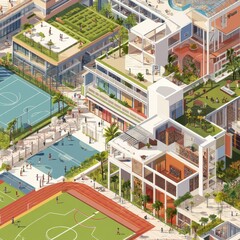 Fototapeta premium A large city with many different buildings and sports fields