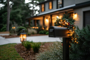 Christmas Mailbox with Garland and Lights in Snowy Suburban Front Yard at Dusk