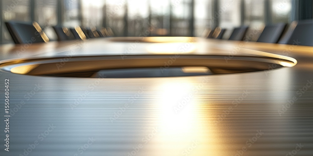 Poster Macro view of a conference table crafted from high-end materials with clean lines, suitable for sleek, professional designs.