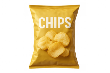 Yellow chips bag revealing crispy snack, close-up view against transparent backdrop, ideal for packaging graphics