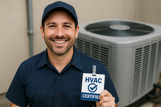 A smiling HVAC technician in uniform holds a certification badge while standing next to a residential air conditioning unit.HVAC technician checks furnace, filter, and air during maintenance. 