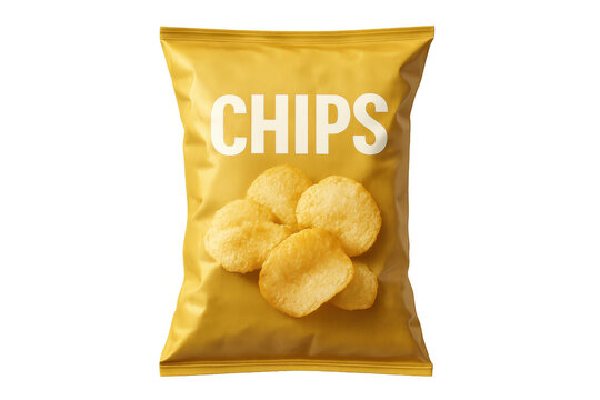 Yellow chips bag revealing crispy snack, close-up view against transparent backdrop, ideal for packaging graphics