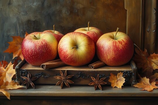 Red apples, sliced apple, cinnamon sticks, and star anise spices on a rustic dark surface - Powered by Adobe