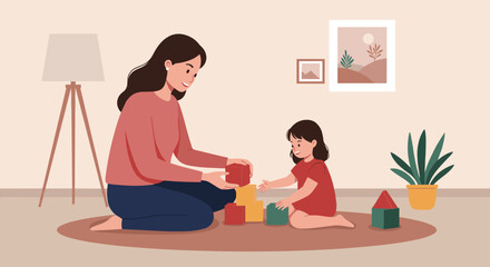 Fototapeta premium Mother playing with daughter building blocks, concept for educational and family activities