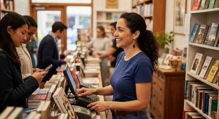 Happy woman working at a bookstore helping customers buy books at the counter