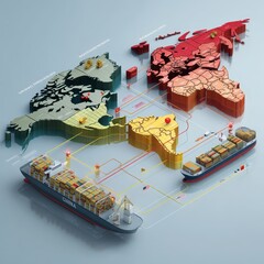 A map of the world with a large container ship and a large conta