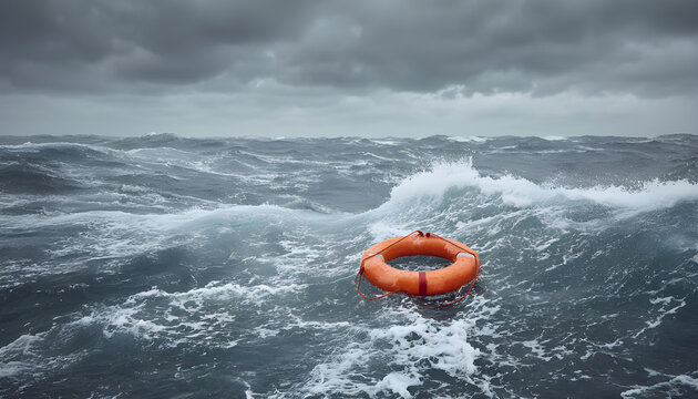 Life preserver in stormy sea symbolizes financial aid as emergency help - Powered by Adobe