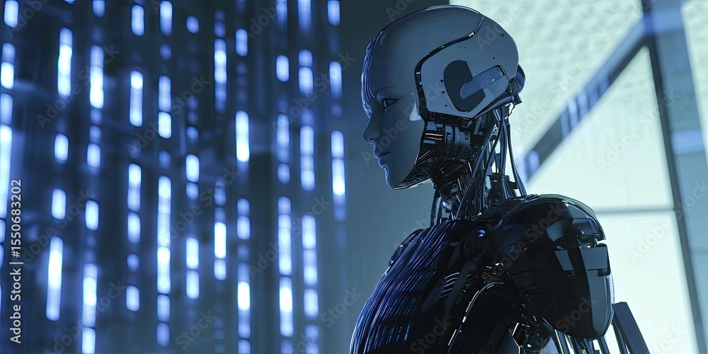 Poster a manufacturing robot connected to a digital twin, showcasing the convergence of the physical and di