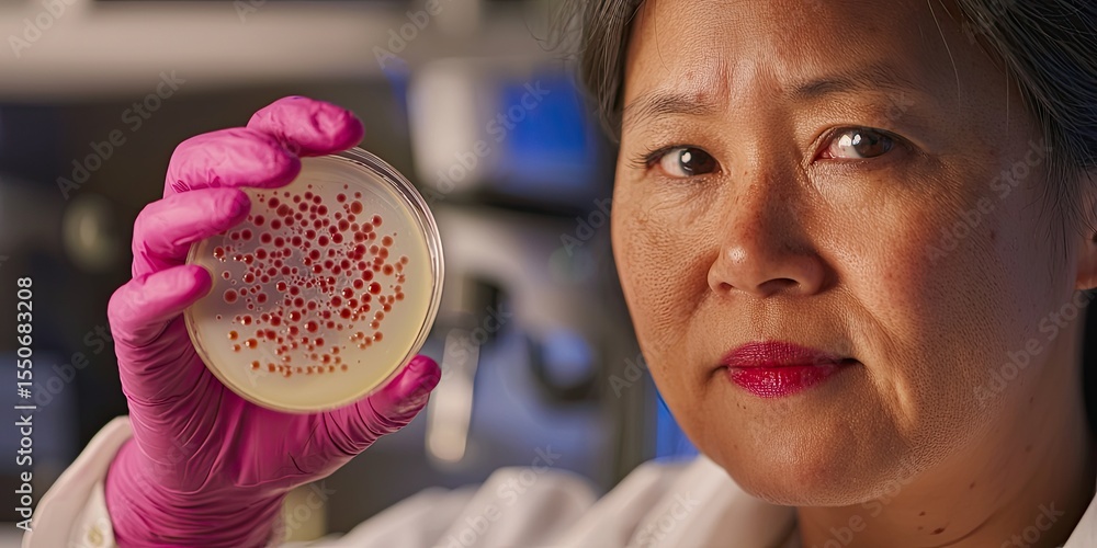 Poster a biotechnologist handling a petri dish with genetically modified organisms, with lab equipment in t