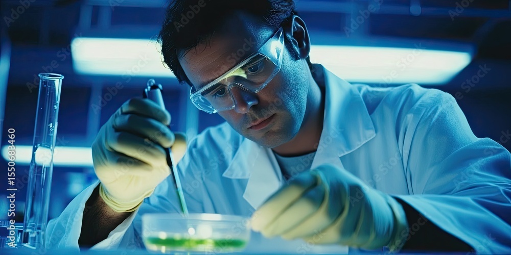 Poster a biotechnologist handling a petri dish with genetically modified organisms, with lab equipment in t