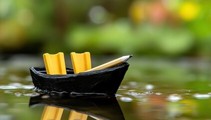 Miniature black paper boat with yellow fins and pencil mast on water