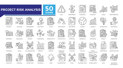 Project risk analysis lineal icon set collection. This set includes risk, investment, strategy, inflation economics, stock market and more icon in lineal style. Vector icon collection for infographics
